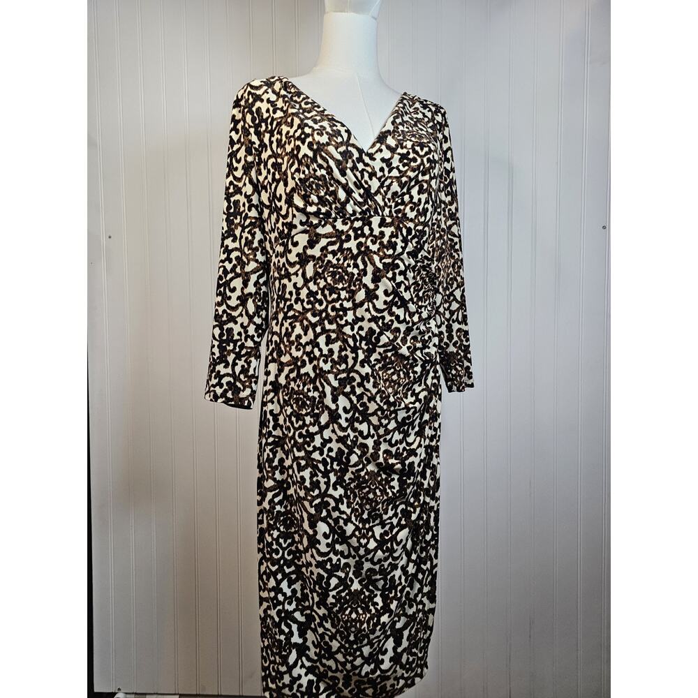 LAUREN Ralph Lauren Abstract V-Neck 3/4 Sleeve Ruched Jersey Dress Women's 12